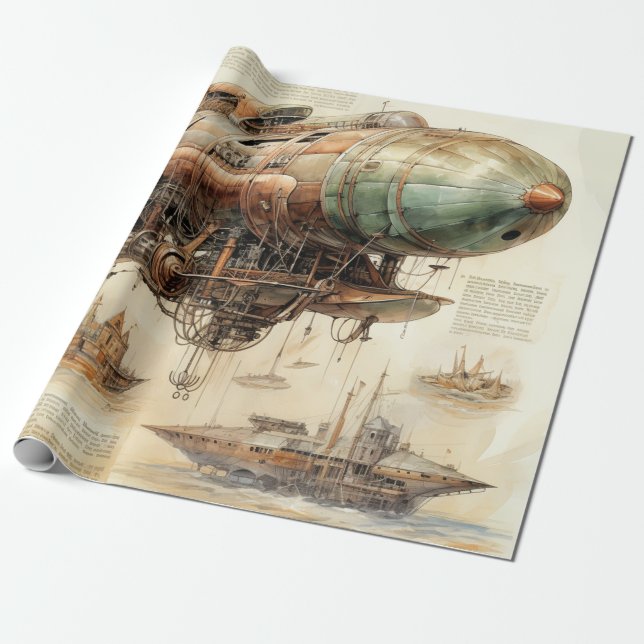Papel De Presente Vintage Steampunk Zeppelin (4) (Desenrolado)