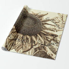 Papel De Presente Vintage Sunflower Sepia Tone Old Script Decoupage