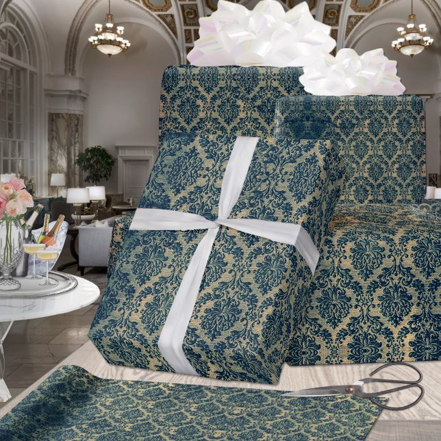 Papel De Presente Vintage Teal Blue Verde Dourado Damask Wreath (Criador carregado)
