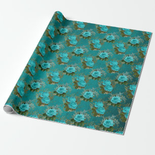 Papel De Presente Vintage Teal e Dourado Rosa