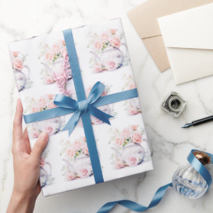 Papel De Presente Vintage Teapot Elegant Pink Roses