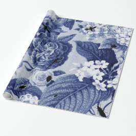 Papel De Presente Vintage Toile floral botânico do azul de índigo &