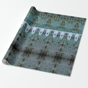 Papel De Presente Vintage Tribal Patteral Teal White Bull Crânio