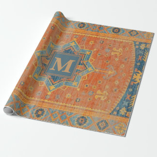 Papel De Presente Vintage Tribal Rug Blue Star Medallion and Orange