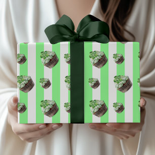 Papel De Presente Vintage Verde Menta Cupcake Listrado de Trevo