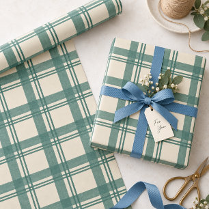 Papel De Presente Vintage Verde Salvia Creme Xadrez Plaid Natal