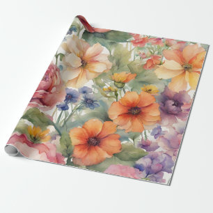 Papel De Presente Vintage Watercolor Garden Flowers in Bloom