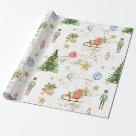 Papel De Presente Vintage Watercolor Pine Tree Nutcracker Natal