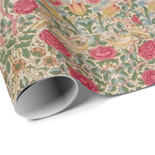 Papel De Presente Vintage William Morris Rosa Pink Yellow Bird Flor