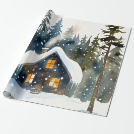 Papel De Presente Vintage Winter Cabin Watercolor Christmas