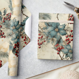 Papel De Presente Vintage Winter Elegance, Red Berries & Cinza Flora