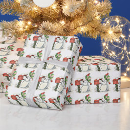 Papel De Presente Vintage Winter Snowman Winter Boné Red Mailbox