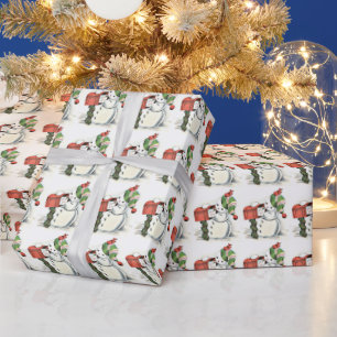 Papel De Presente Vintage Winter Snowman Winter Boné Red Mailbox