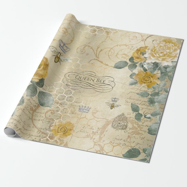Papel De Presente Vintage Yellow Dourado Rosa Queen Bee (Desenrolado)