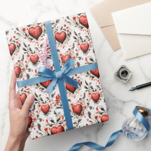 Papel De Presente Vintagem de bonito Corações Vermelhos e Flores