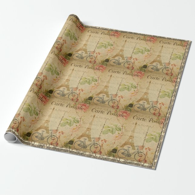 Papel De Presente Vintagem Parisiense Com Eiffel (Desenrolado)