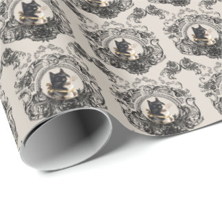 PAPEL DE PRESENTE VINTAGEM TUXEDO KITTEN CAT COM FILIGREE PRETO
