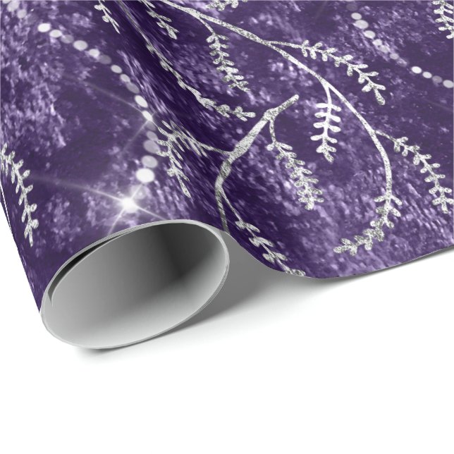 Papel De Presente Violet Grape Sparkly Laurel Floral Silver Diamante (Ponta do rolo)