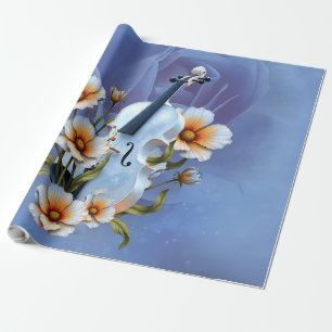 Papel De Presente Violino Branco com Flores - Música e Natureza Eleg