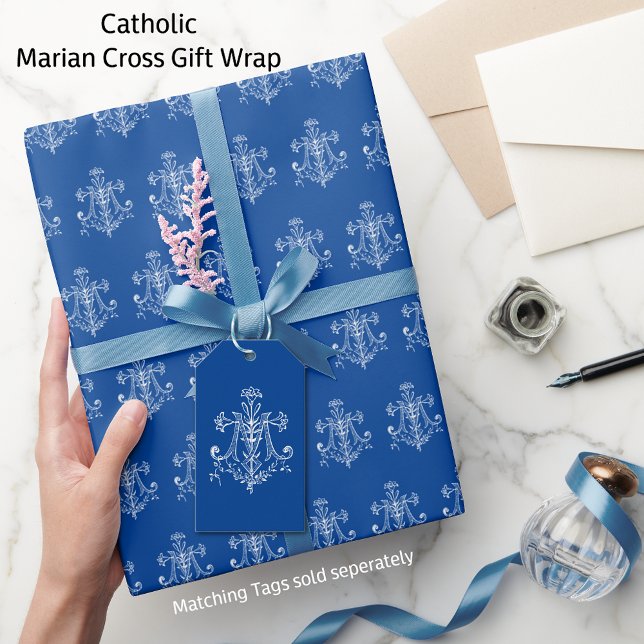Papel De Presente Virgem Católica Elegante Mary White Marian Cross (Traditional Catholic Marian Cross Gift Wrap - Matching Tags sold seperately)