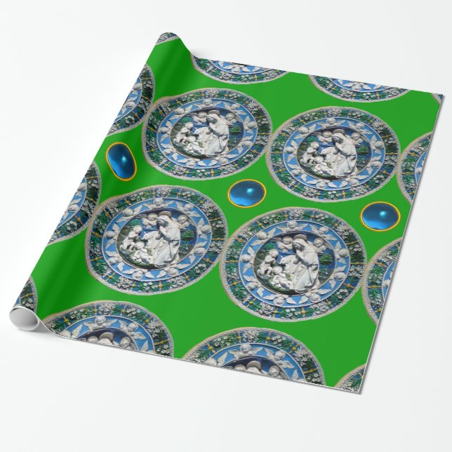 Papel De Presente VIRGEM E CRIANÇA COM ANJOS, Verde Azul Sapphire (Desenrolado)
