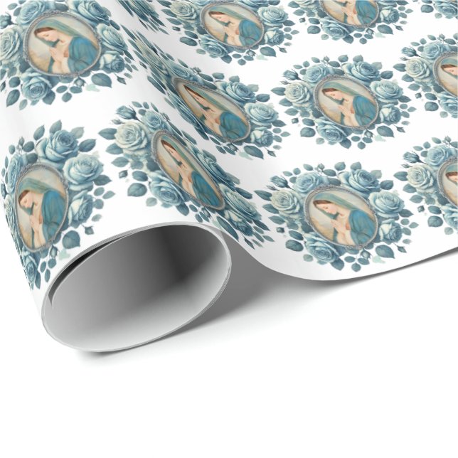 Papel De Presente Virgem Floral Azul Mary Gift Wrap - Marian (Ponta do rolo)
