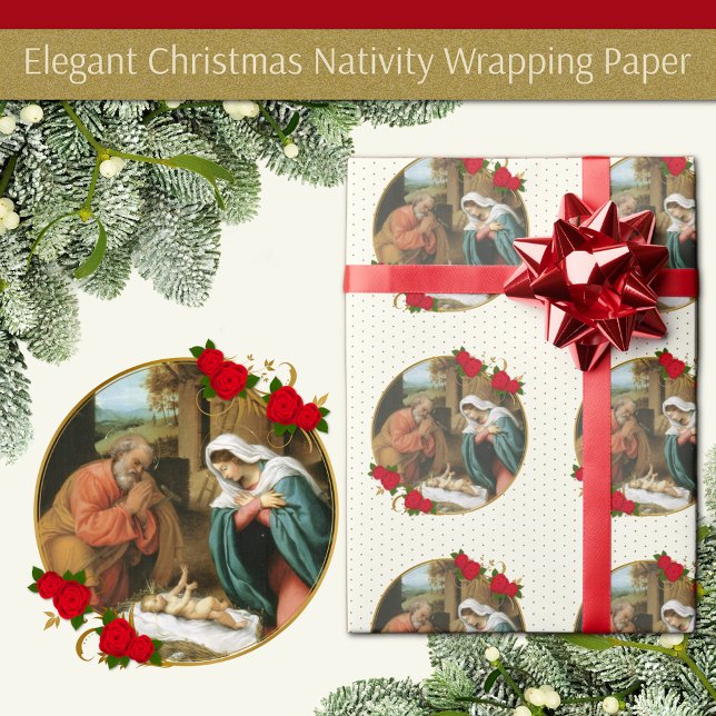 Papel De Presente Virgem Natal Mary Bebê Jesus Joseph Natividade W (Christmas Nativity birth of Jesus with Mary and Joseph. Accented with red roses)