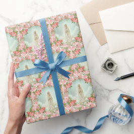 Papel De Presente Virgem Religiosa Mary Fatima Pink Vintage Rosas 