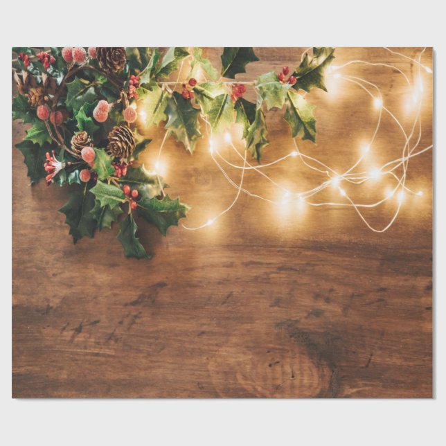 Papel De Presente Visco de Natal Verde,Luzes de Corda, Madeira de Na (Aberto)