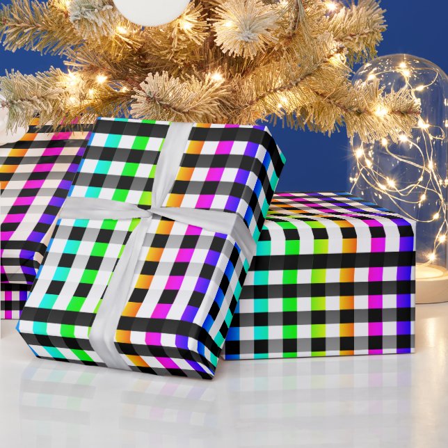 Papel De Presente Vishy Checkered Pattern Rainbow White Xadrez (Feriados)