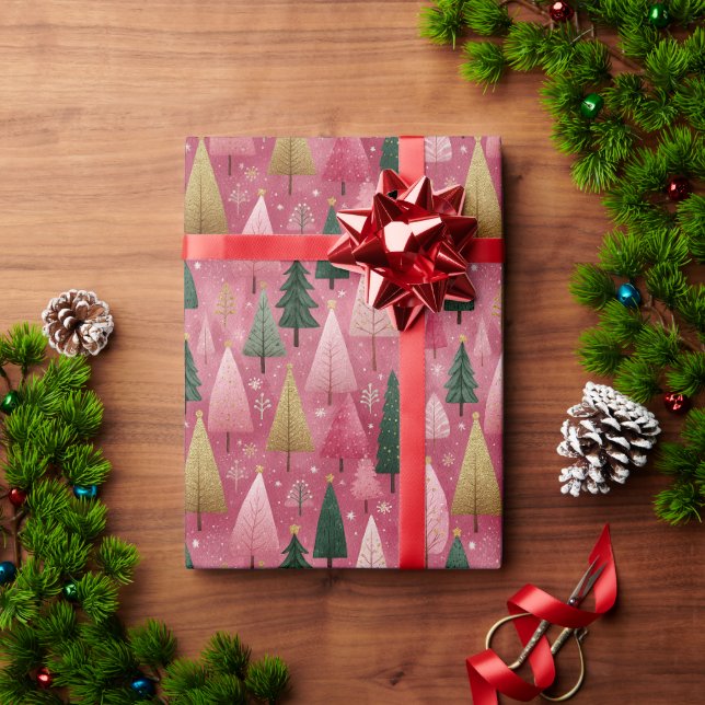Papel De Presente Visual Árvore de Natal Nevada Dourada e Branca (Presente de Natal)
