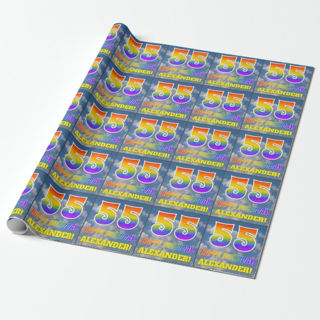 Papel De Presente Visualização de Arco-íris "55" & "FELIZ ANIVERSÁRI (Desenrolado)