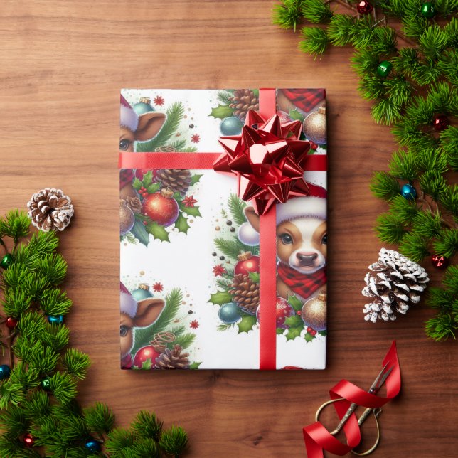 Papel De Presente Vitelo em Santa Hat, cercado por Enfeites de natal (Presente de Natal)