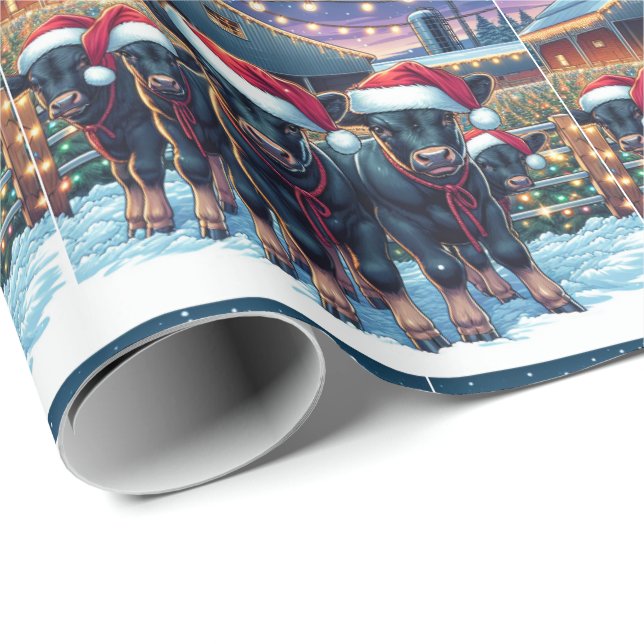 Papel De Presente Vitelos Pretos Com Chapéus De Papai Noel Por Banho (Ponta do rolo)