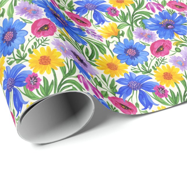 Papel De Presente Vivid Blue Yellow Red Purple Flowers Pattern (Ponta do rolo)