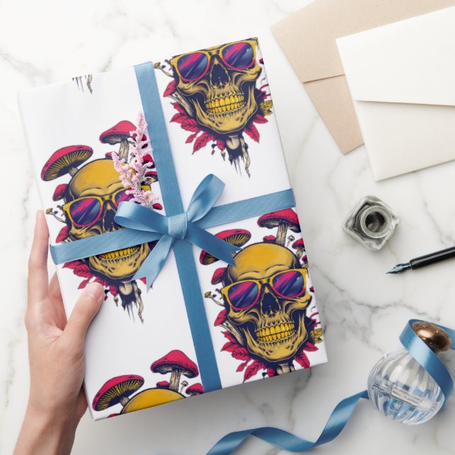 Papel De Presente Vívida Caveira e Cogumelo Âmbar Carmesim (Presentear)