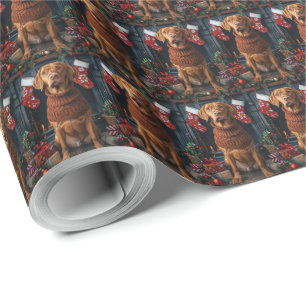 Papel De Presente Vizsla Dog com Lareira de presentes de Natal