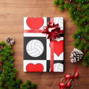Papel De Presente Voleibol e corações pretos & branco Checkered