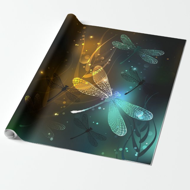 Papel De Presente Voo luminoso verde de libélula (Desenrolado)