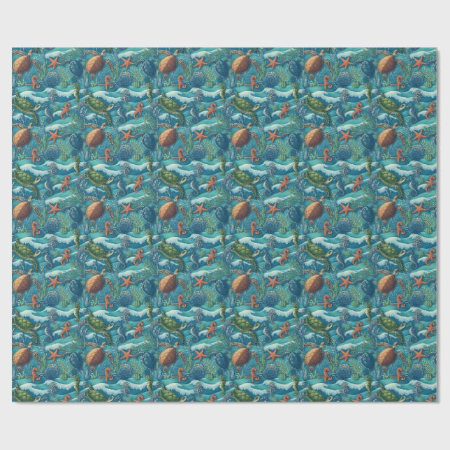 Papel De Presente Wallpaper de padrão de vida marinha sem falhas (Aberto)