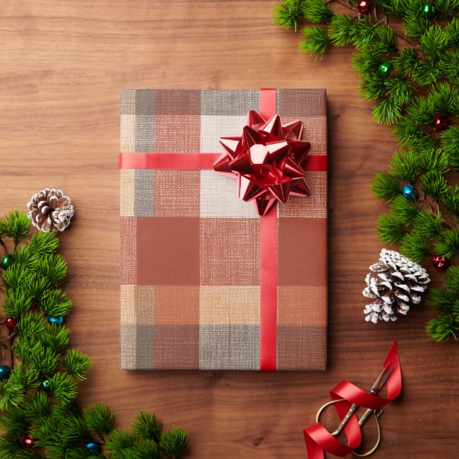 Papel De Presente Warm Autumn Plaid Fabric Texture in Rust and Beige (Presente de Natal)