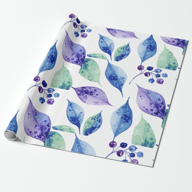 Papel De Presente Watercolor blue leaves (Desenrolado)