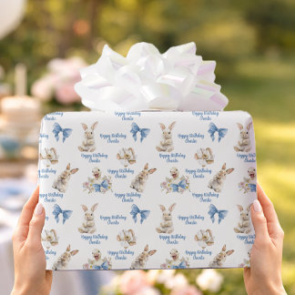 Papel De Presente Watercolor Bunny Duck Blue Bow Happy Birthday