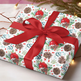Papel De Presente Watercolor Christmas Baubles Pine Cone Floral
