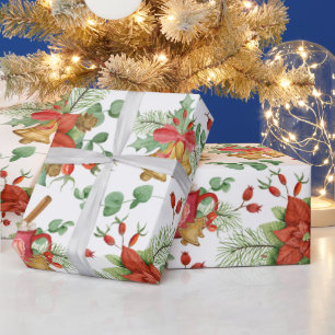 Papel De Presente Watercolor Christmas Poinsettia e Red Cardinal