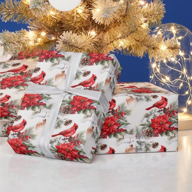 Papel De Presente Watercolor Christmas Red Cardinal, Poinsettia (Feriados)