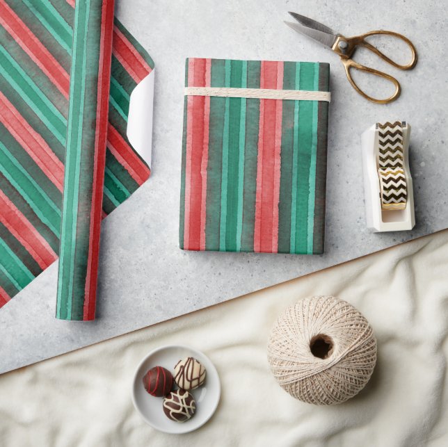 Papel De Presente Watercolor Christmas stripes green red pattern (Artesanato)