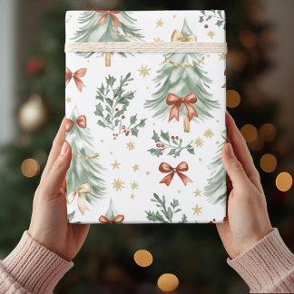 Papel De Presente Watercolor Christmas Tree & Bow Wrapping Paper