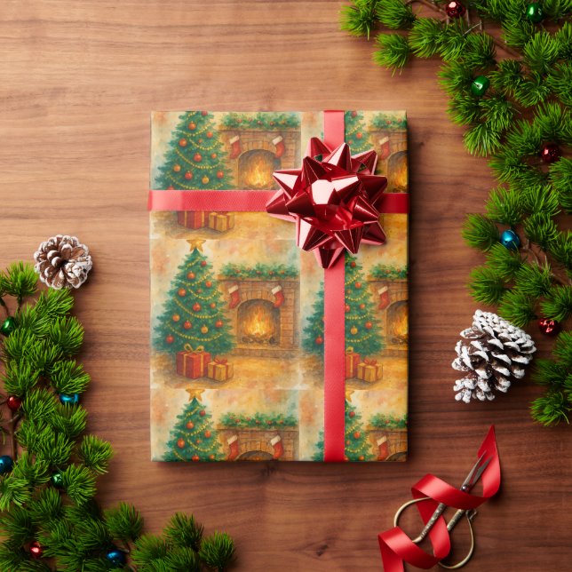 Papel De Presente Watercolor Christmas Tree & Cozy Fireplace Holiday (Presente de Natal)