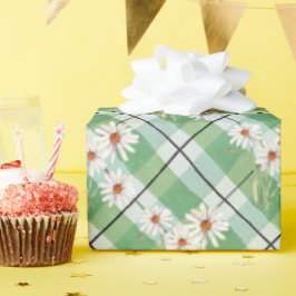 Papel De Presente Watercolor Daisy Bunch Na Xadrez Verde